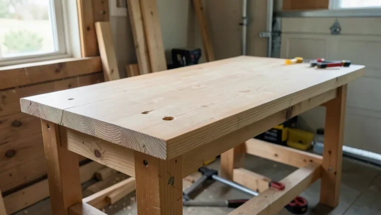 Thick laminated dimensional-lumber workbench top on a garage workshop bench