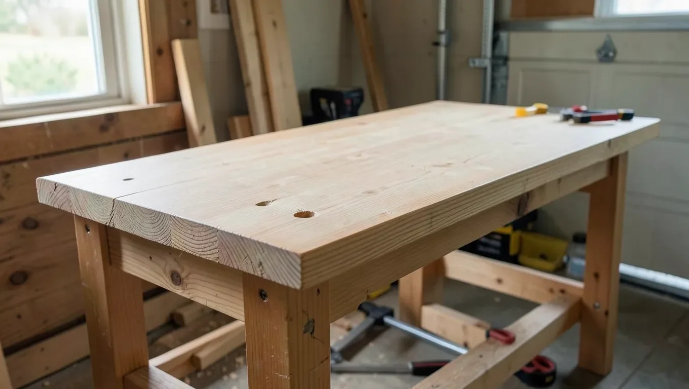 Thick laminated dimensional-lumber workbench top on a garage workshop bench
