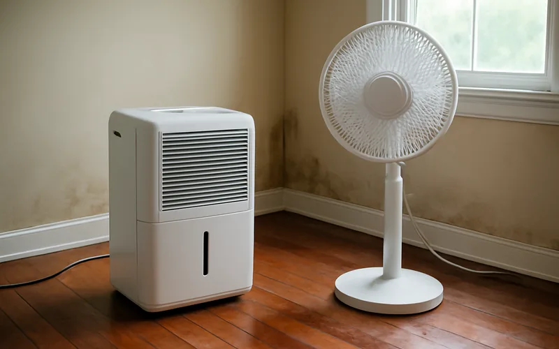 Dehumidifier and fan drying out a water-damaged hardwood floor before repair Dehumidifier and fan drying out a water-damaged hardwood floor before repair