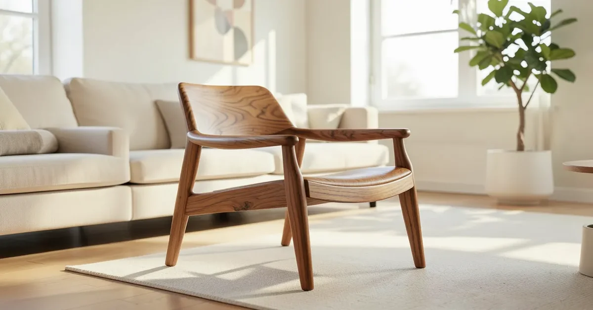 An elegant teak wood chair in a modern living room