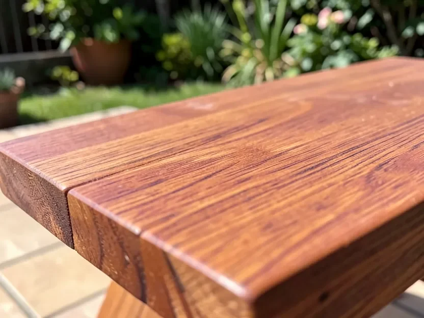 Close-up of reddish-brown eucalyptus wood outdoor furniture showing natural grain