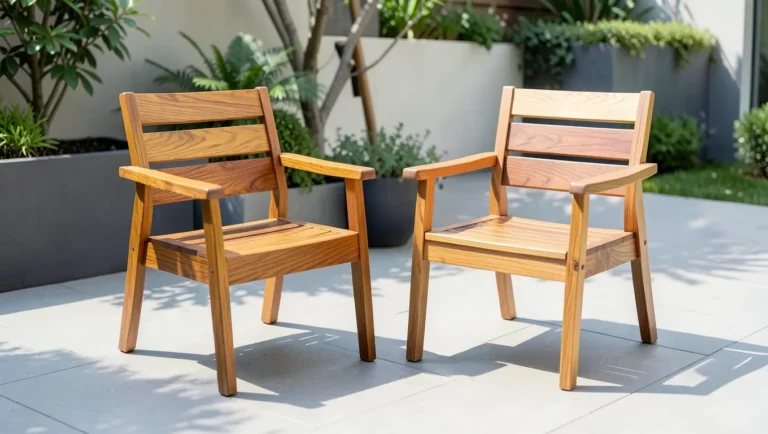 Teak and eucalyptus outdoor patio chairs side by side showing wood grain difference