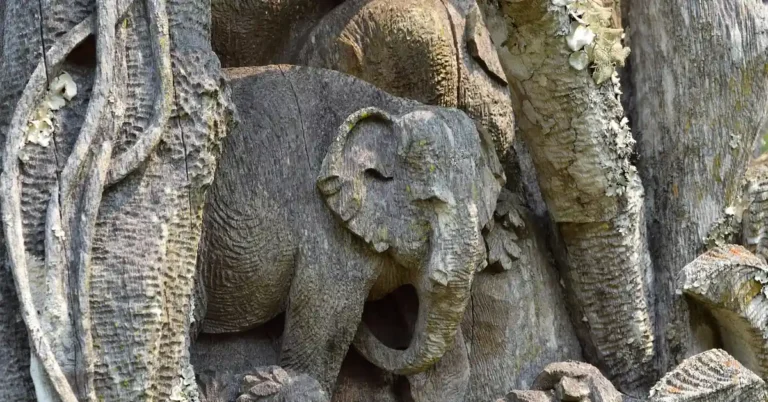 teak wood elephant carving art, close-up relief sculpture