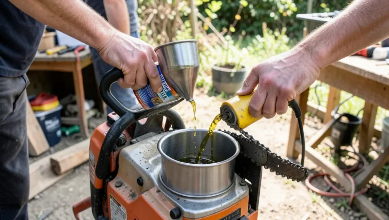 Filling a chainsaw bar and chain oil reservoir with a funnel