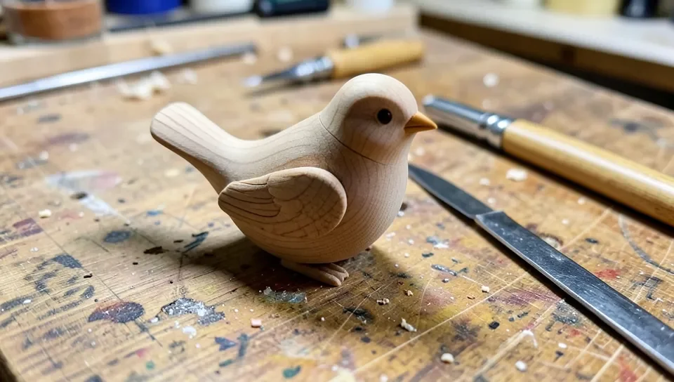 A finished beginner wood carving project, a simple bird figure