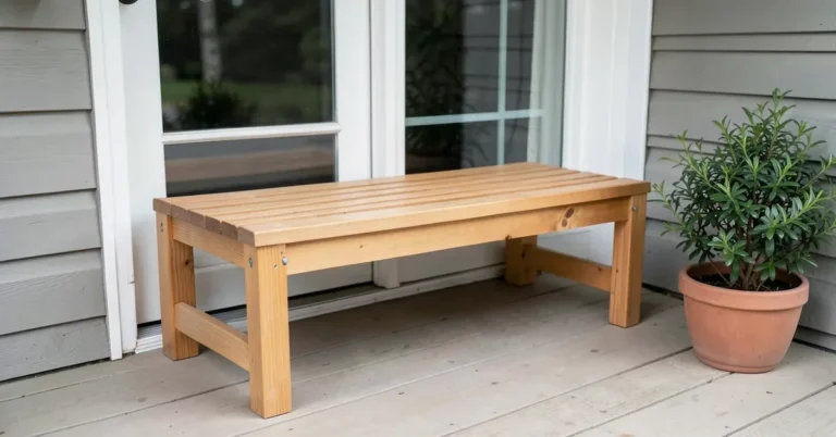 Finished DIY cedar porch bench with slatted seat