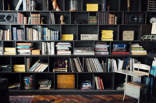 Finished DIY plywood bookshelf with cubby shelves filled with books
