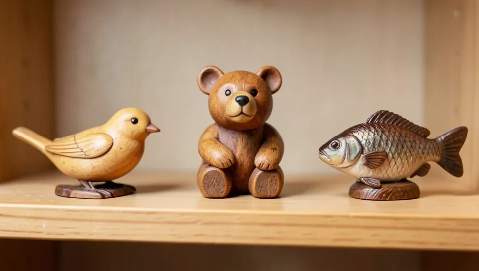 A display of finished beginner animal wood carvings