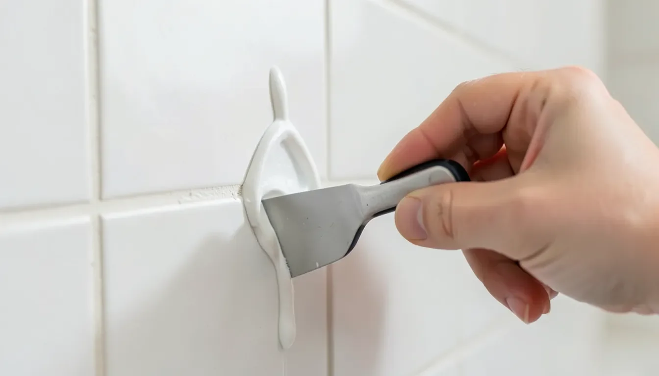 Smoothing a fresh caulk bead with an angled scraper tool