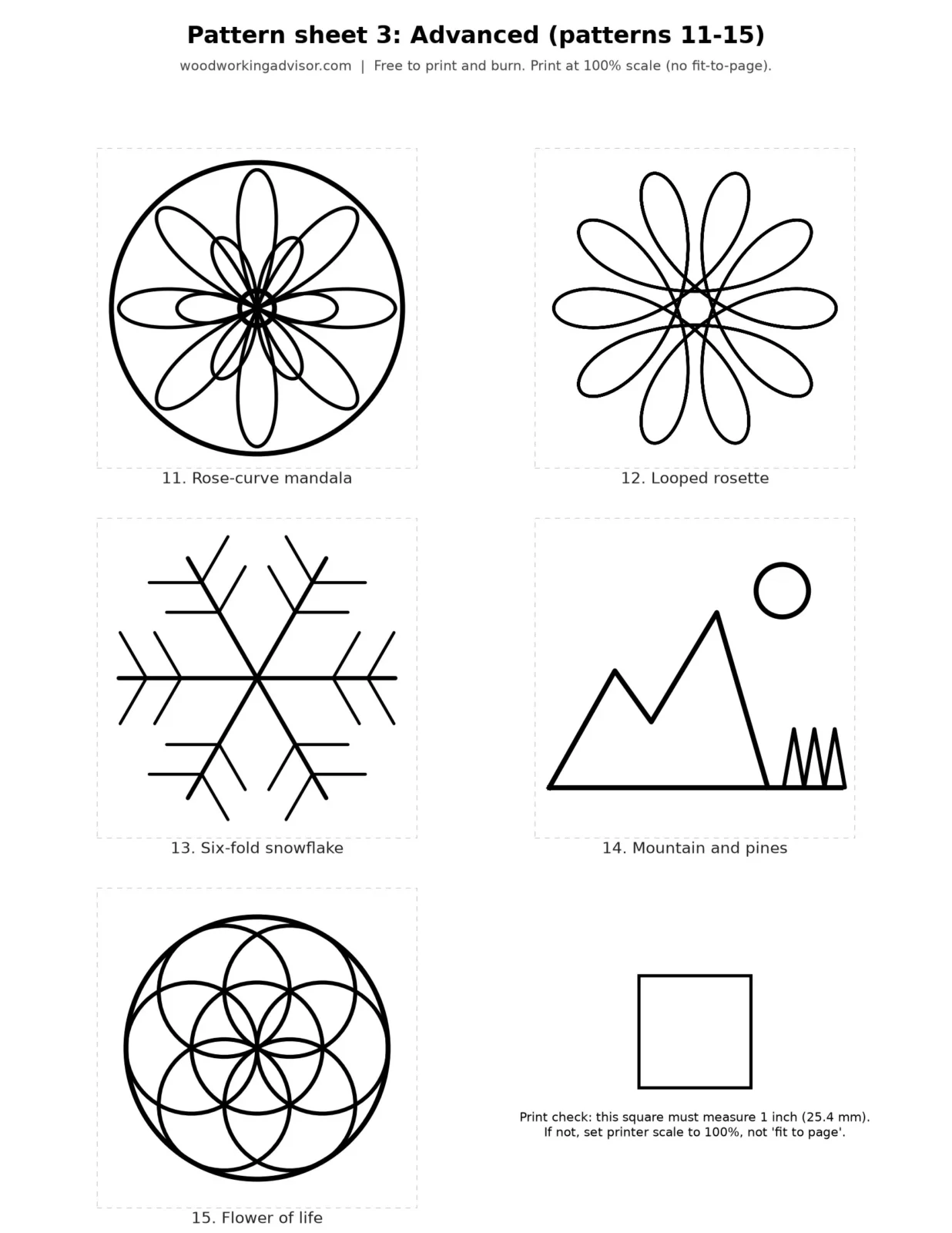 Printable advanced wood burning pattern sheet with mandala, rosette, snowflake, mountain and flower of life