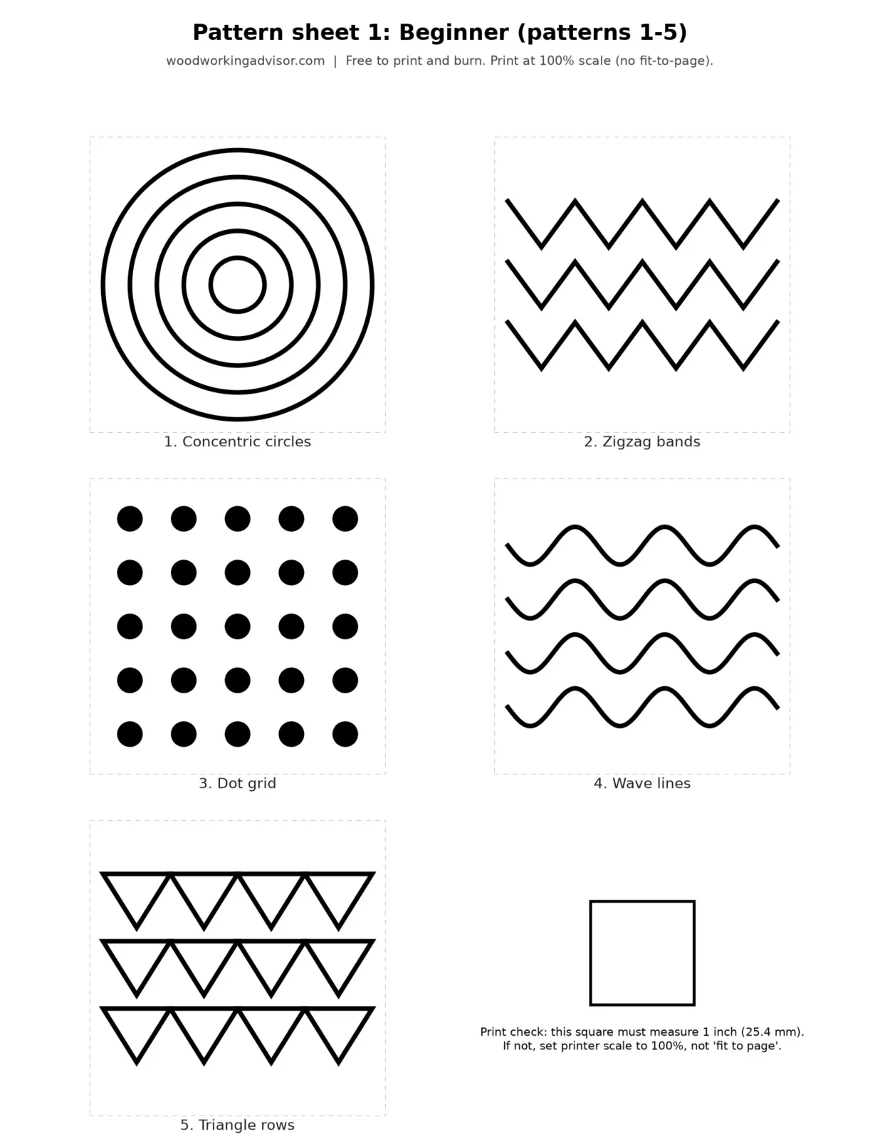 Printable beginner wood burning pattern sheet with circles, zigzags, dot grid, waves and triangles