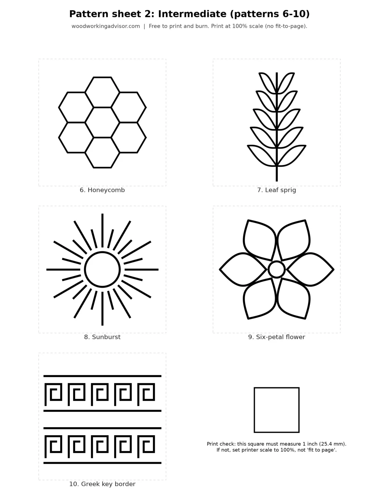 Printable intermediate wood burning pattern sheet with honeycomb, leaf sprig, sunburst, flower and Greek key