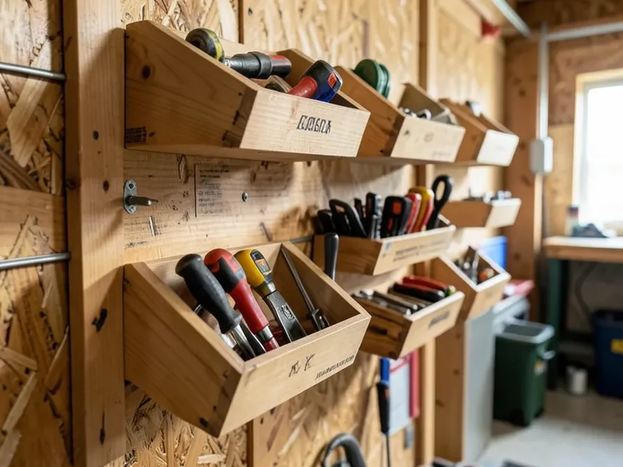 French cleat wall storage system holding hand tools and bins in a home garage workshop