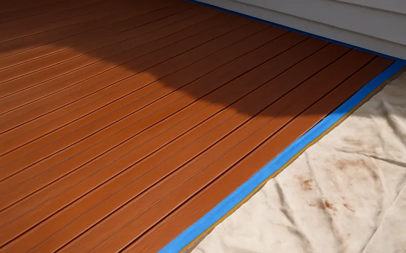 Freshly painted deck drying with painter's tape along the edge Freshly painted deck drying with painter's tape along the edge