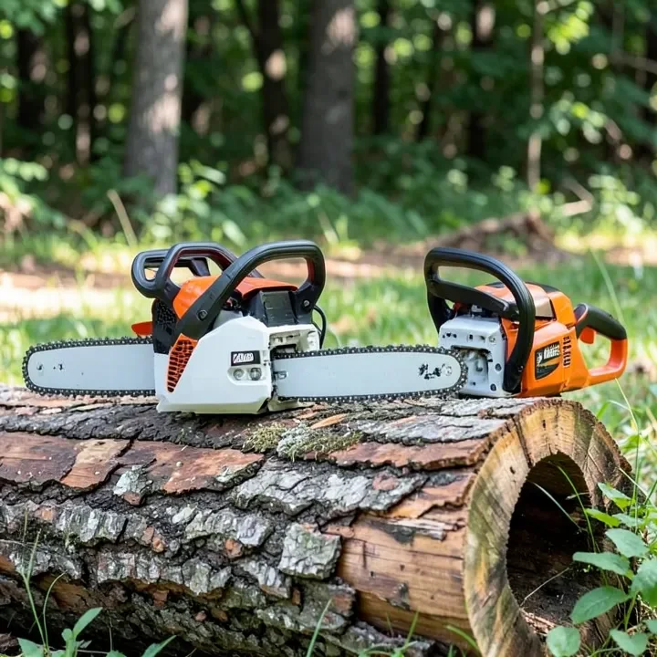 A gas-powered chainsaw next to a cordless battery-powered chainsaw on a log