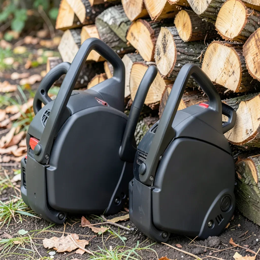 Gas-powered chainsaw next to a battery-powered cordless chainsaw against a woodpile