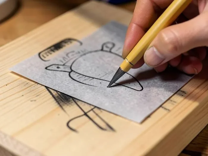 Using graphite transfer paper to trace a design onto wood before wood burning