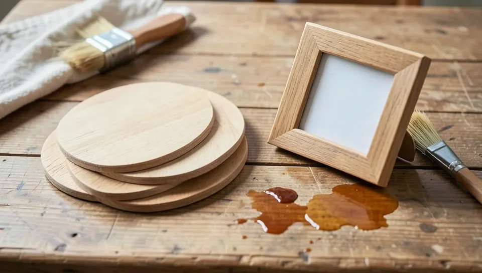 Handmade wooden coasters and a picture frame with wood stain