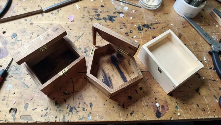 Several handmade wooden boxes in different styles on a workbench