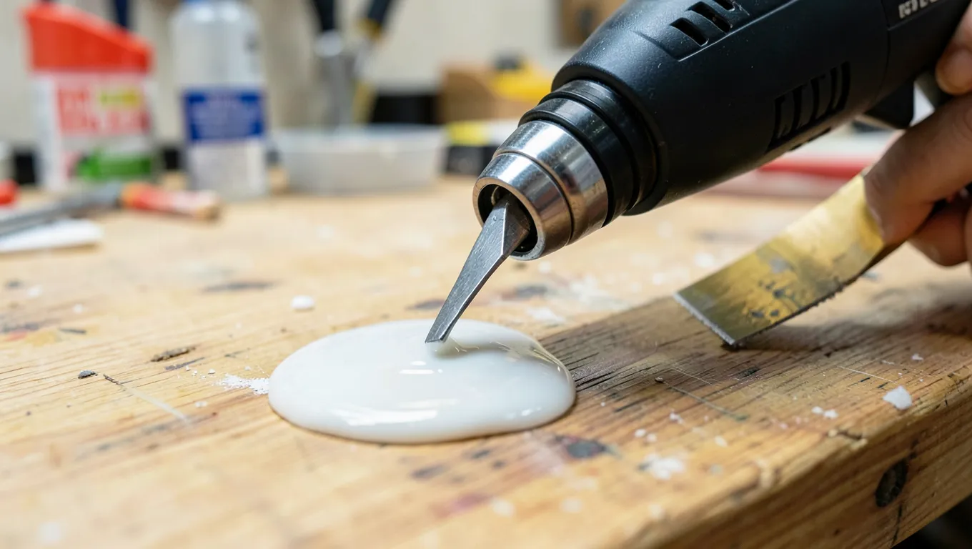 Heat gun softening hardened epoxy on wood before scraping it off