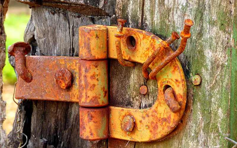 Old rusty hinge and nails pulling out of weathered wood Old rusty hinge and nails pulling out of weathered wood