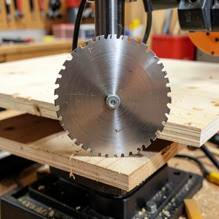 Circular saw blade mounted upside-down under a plywood table for a homemade table saw jig