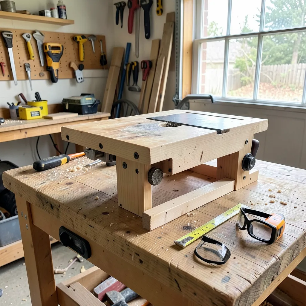 A homemade DIY table saw built into a workbench in a home garage workshop