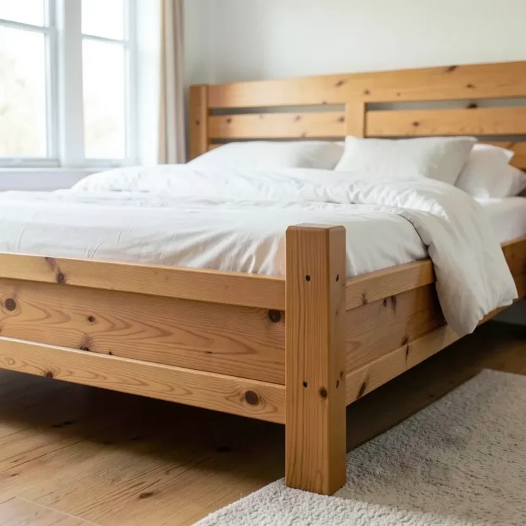 Homemade wood bed frame with slat headboard and footboard
