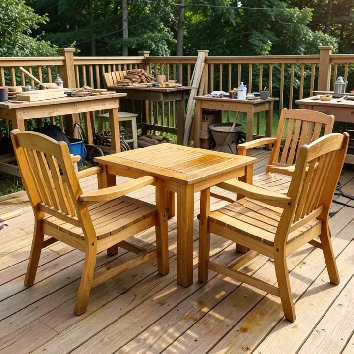Teak Patio Furniture Outdoor Teak patio furniture set on outdoor deck showing natural wood color after oiling
