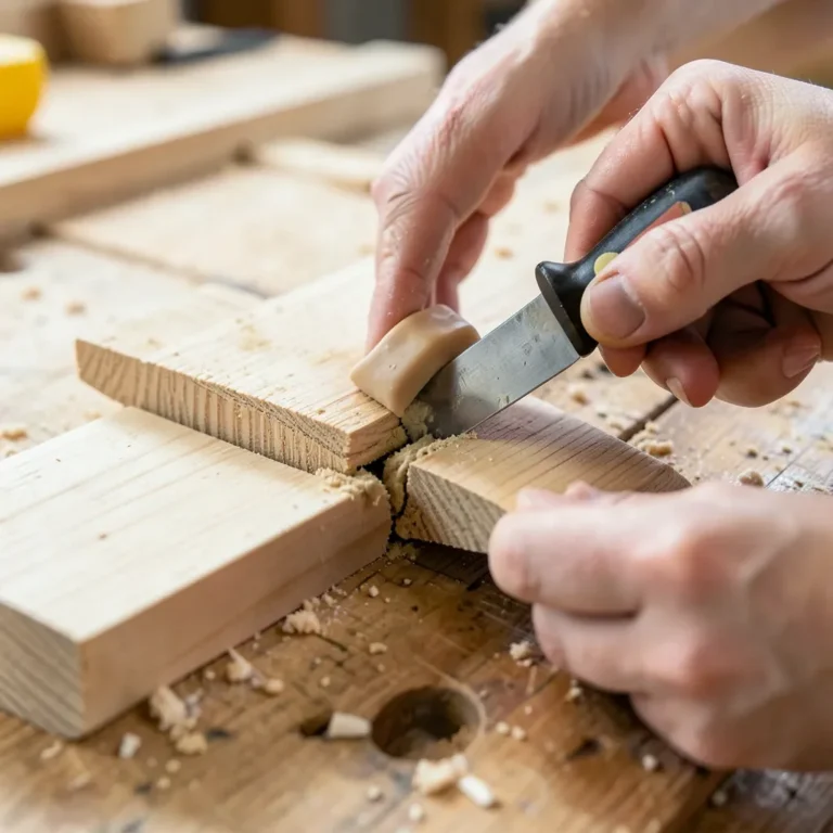 Filling a gap between wood boards with wood filler using a putty knife