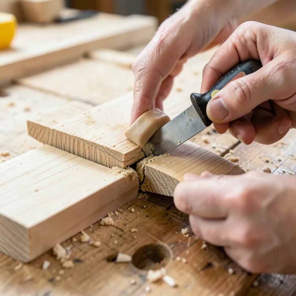Filling a gap between wood boards with wood filler using a putty knife