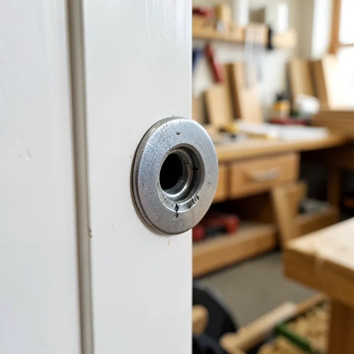 Close-up of an oversized stripped screw hole on a white door edge where a hinge attaches