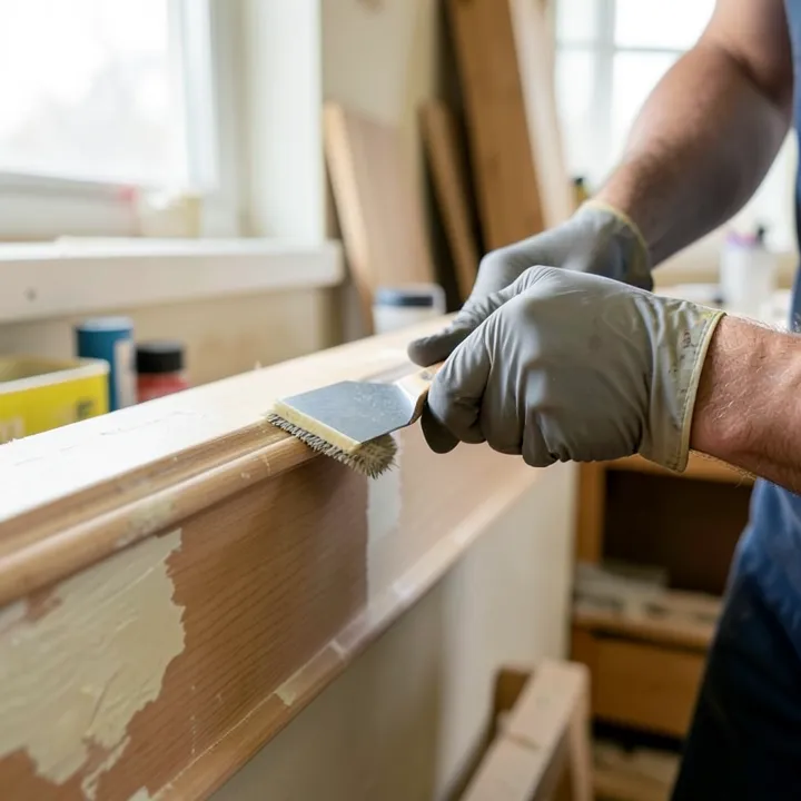 Person wearing rubber gloves scraping softened paint off a wood baseboard with a putty knife