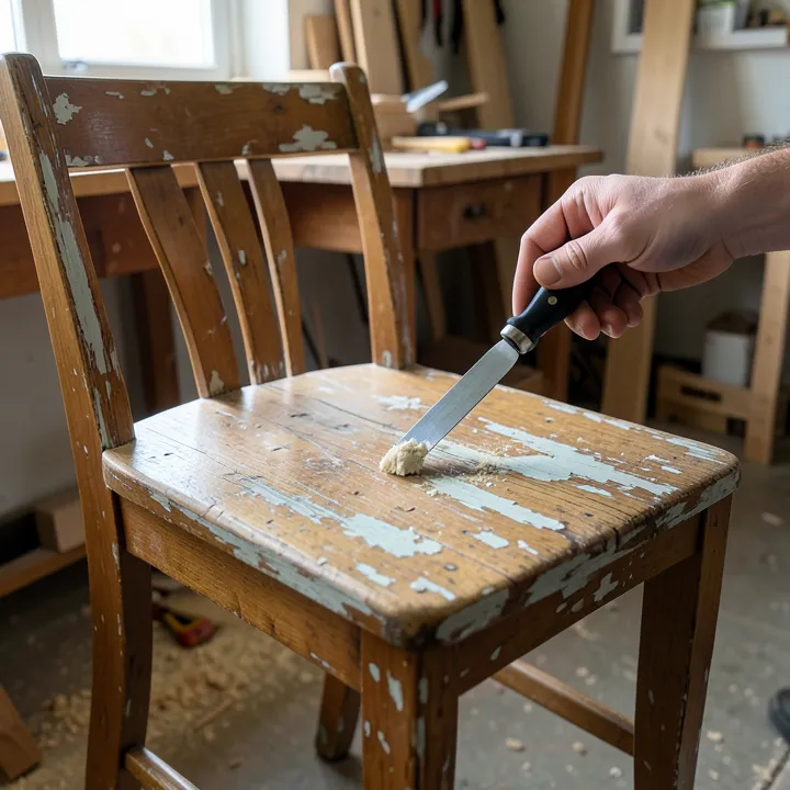 Wooden chair with old peeling paint being scraped off with a putty knife