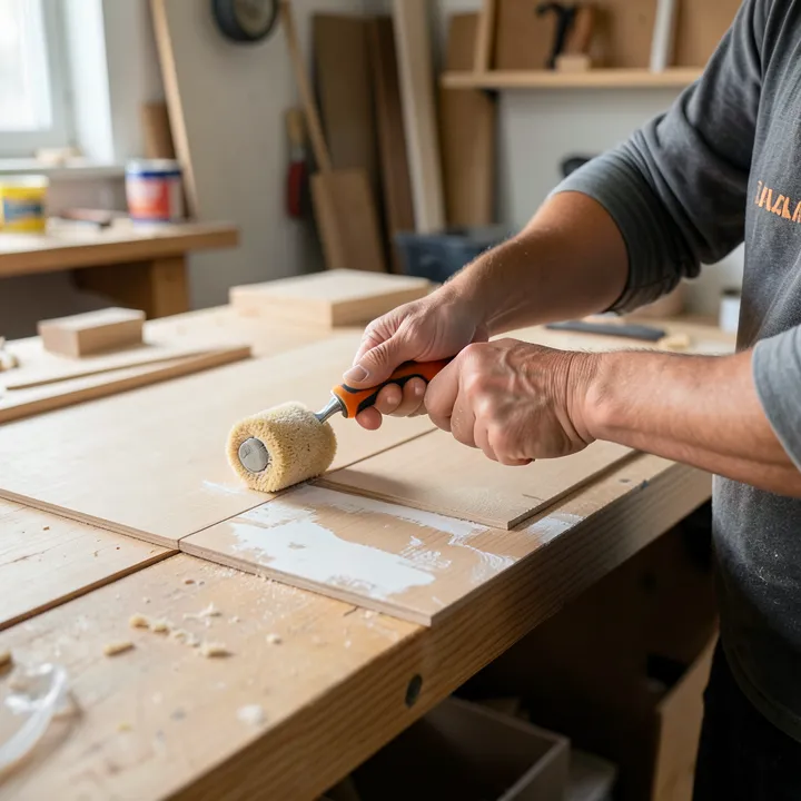 Applying wood finish with a roller after sanding off old primer