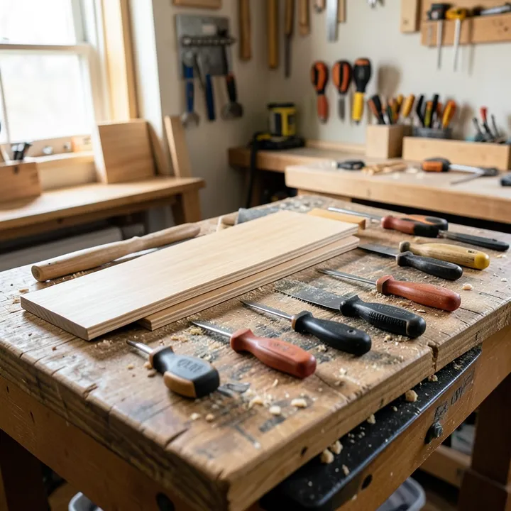 Wood veneer furniture repair tools laid out on a workbench in a home workshop Wood veneer furniture repair tools laid out on a workbench in a home workshop