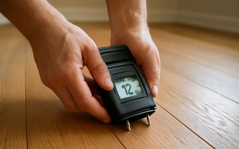 Checking hardwood floor moisture content with a handheld moisture meter Checking hardwood floor moisture content with a handheld moisture meter