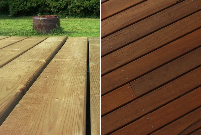 Side-by-side comparison of a lighter pine deck board and a dark reddish-brown Ipe hardwood deck board