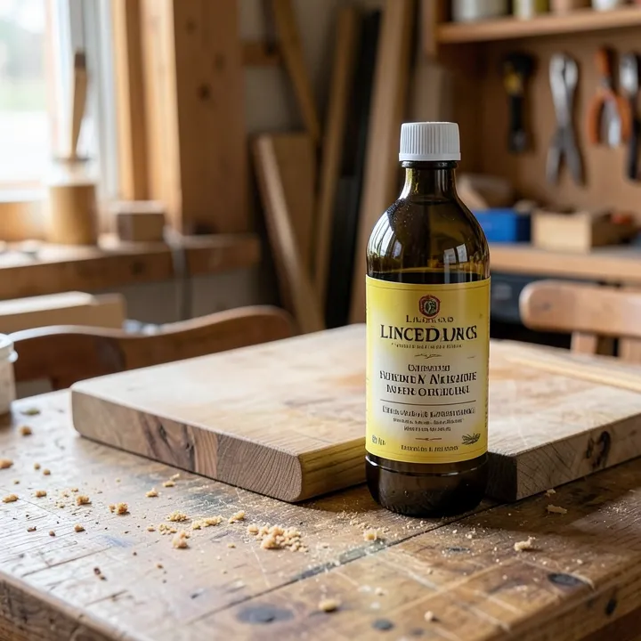 Bottle of linseed oil next to a wood cutting board on a workshop table