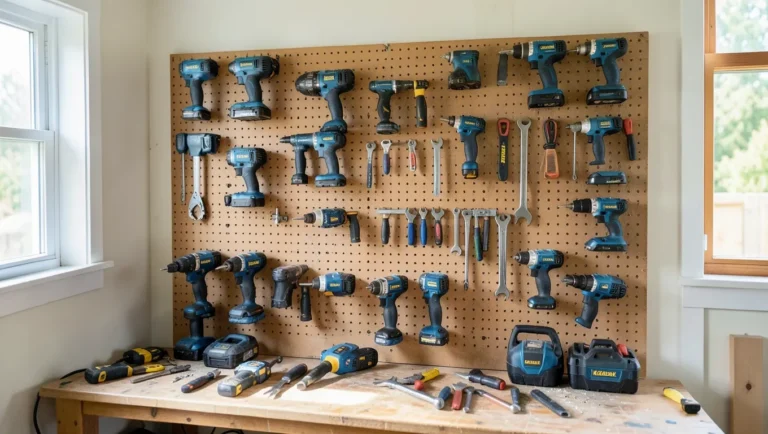 Blue and black cordless power tools organized on a pegboard in a home garage workshop