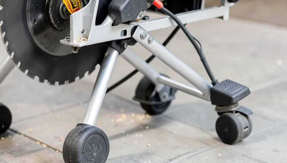 Close-up of a portable table saw folding wheeled stand with a foot pedal