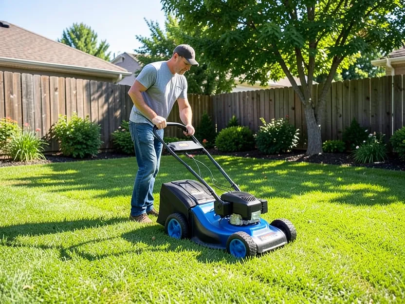 Kobalt battery-powered push lawn mower being used to mow a suburban backyard