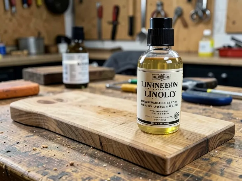 Bottle of linseed oil next to a wood cutting board on a workshop table