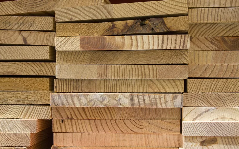 Stacked pine and oak dimensional lumber boards used to cut a homemade bed frame