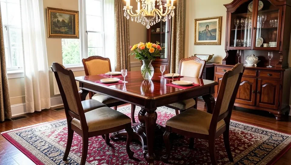 A mahogany dining table showing its deep reddish-brown color