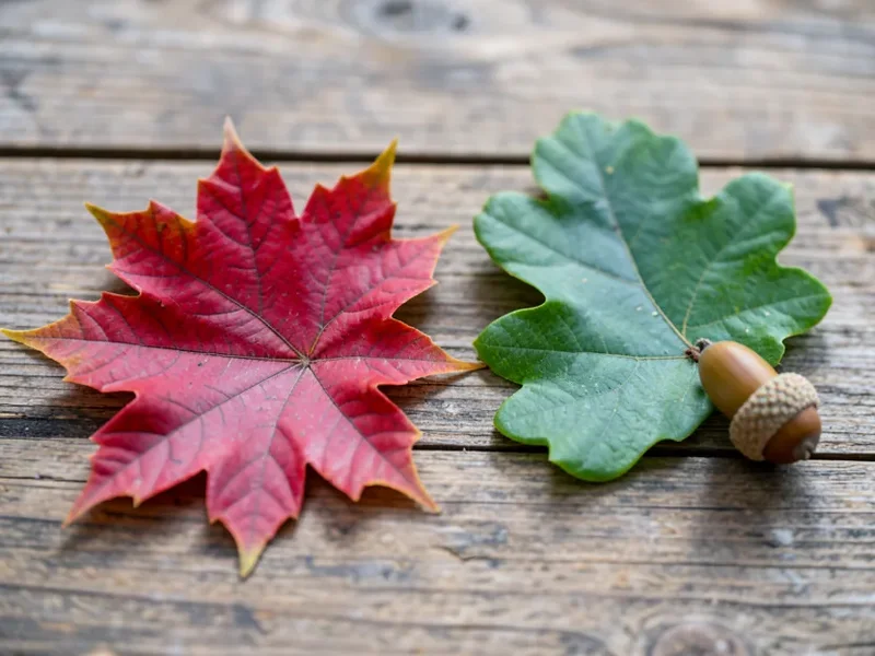 Maple leaf with pointed lobes next to an oak leaf with rounded lobes and an acorn