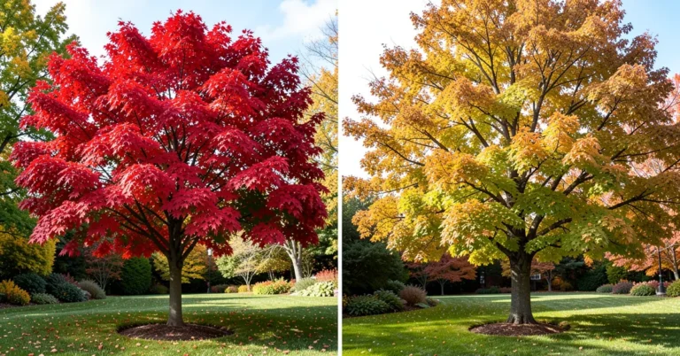 A maple tree with red fall leaves next to an oak tree with golden leaves