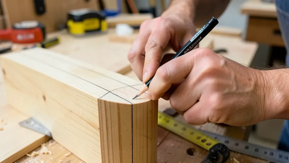 Marking cut lines on a wood table leg blank