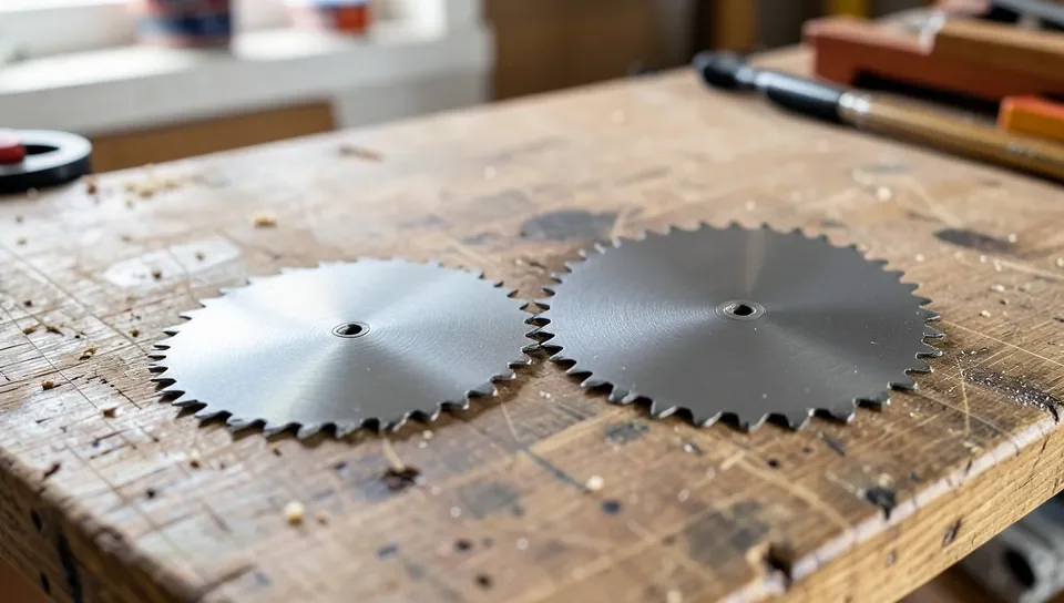 Two miter saw blades of different sizes side by side