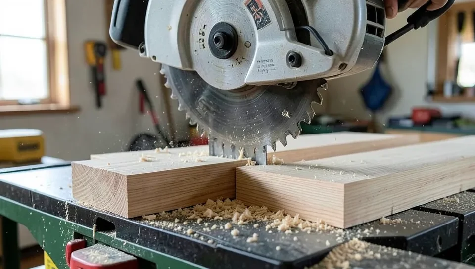 A miter saw cutting through thick lumber